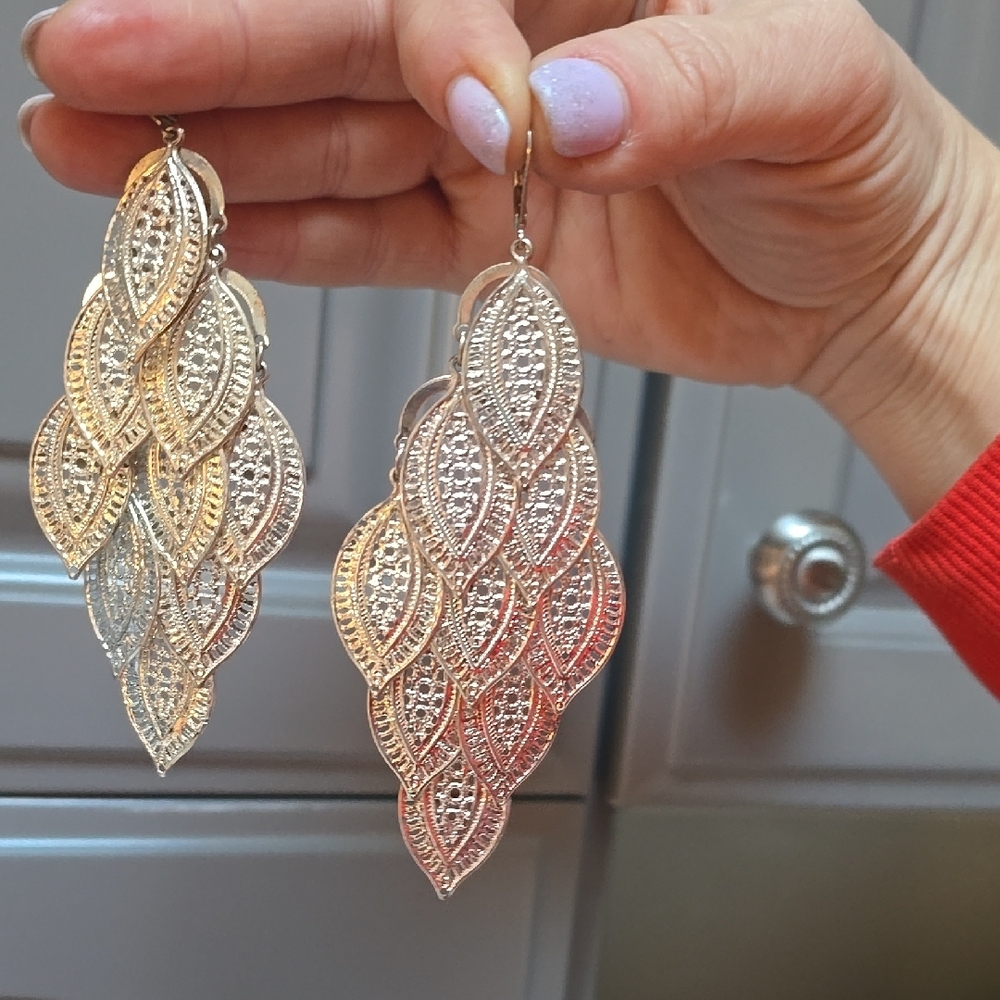 Gold and Silver Leaf-like Dangling Earrings